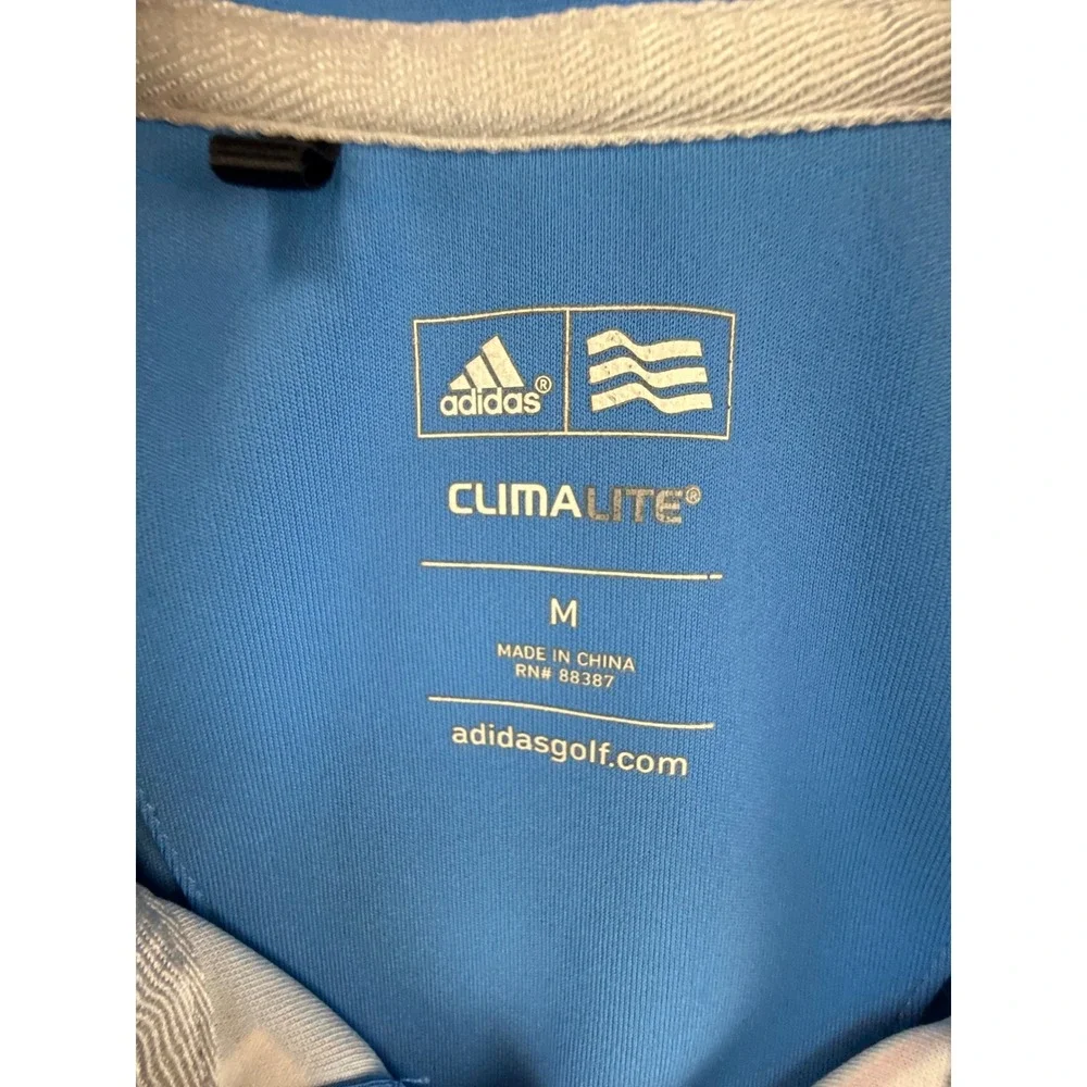 Adidas Golf Shirt Mens Medium Blue White Climalite Short Sleeve Polo Graphic